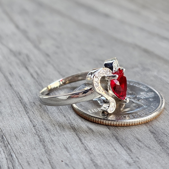 New 925 Sterling Silver Ruby Heart White Topaz Angel Wings Size 6.5 Ladies Ring - Picture 5 of 10